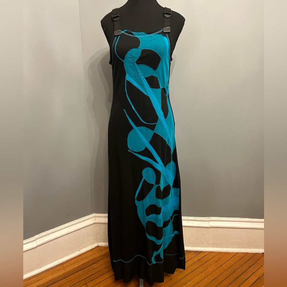 ANNIE THOMPSON Black and Turquoise Abstract Design Maxi Dress, size S